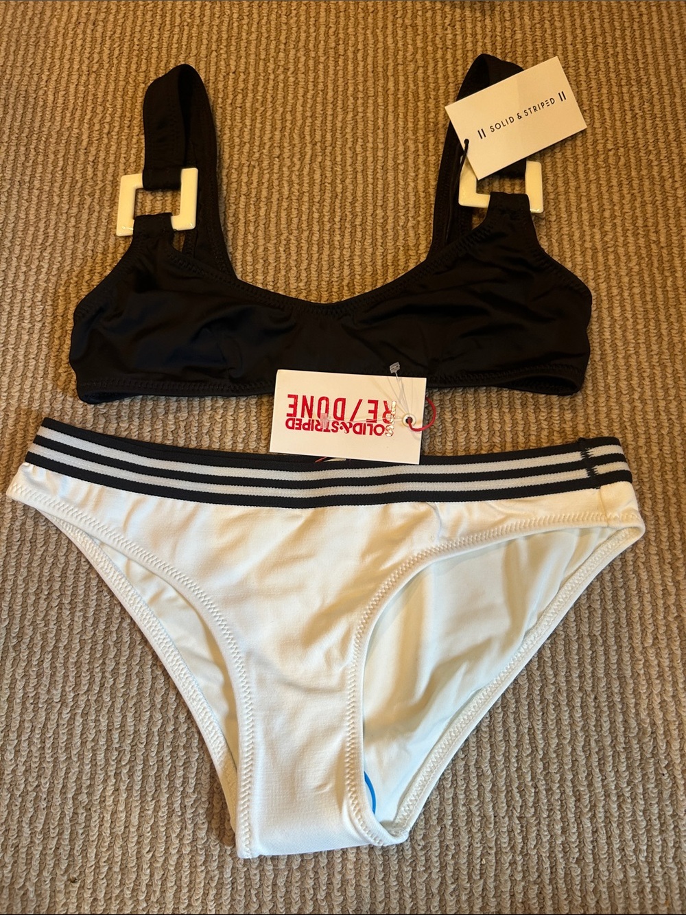NWT SOLID & STRIPED Black Bikini Top with White Striped Waistband Bottom size XS